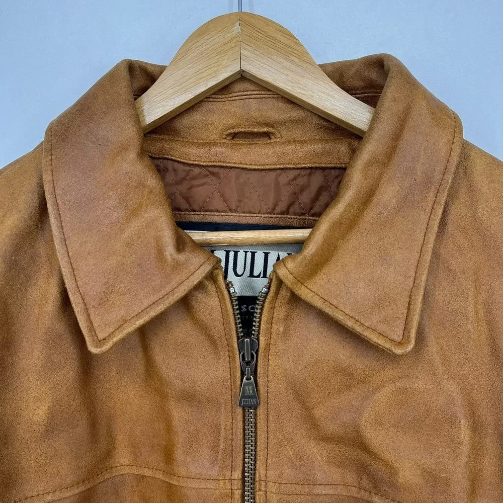 M Julian Wilsons Leather Jacket Mens XL Tan Nubuck Full Zip Quilted Lined Brown